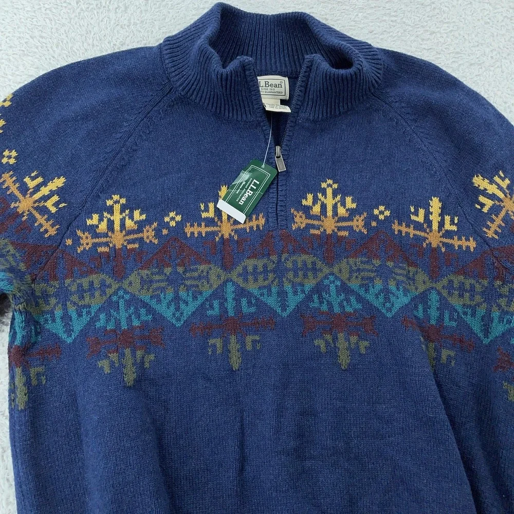 L.L. Bean Sweater Mens Small Navy 1/4 Zip Cashmere Blend Fair Isle Wicked‎ Soft